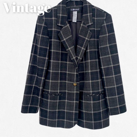 Vintage Jackets & Blazers - Vintage Sag Harbor Wool Plaid Charcoal Grey Blazer